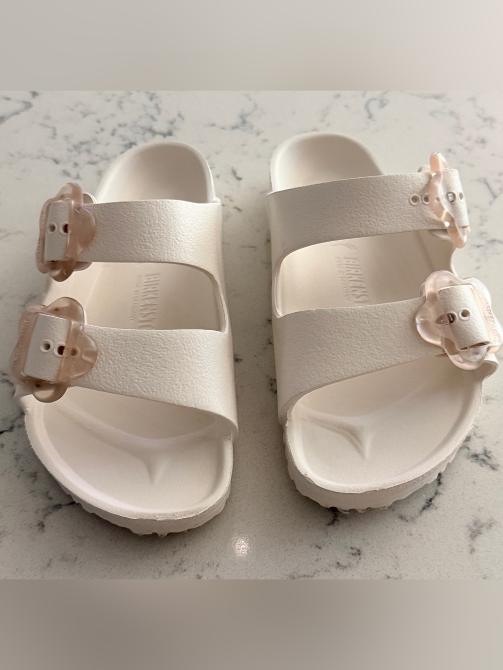 Birkenstock White Dual-Strap EVA Slide Sandals with Decorative Buckles